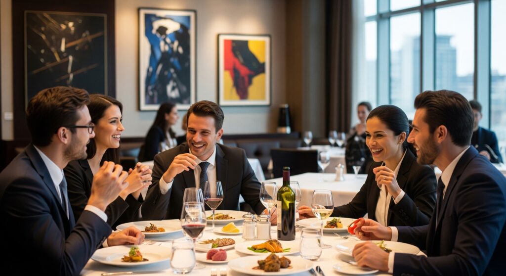 Gruppe in Anzug und Kleid beim Dinner | Escort Berlin